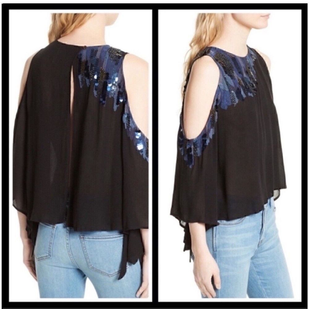 FREE PEOPLE Black All About You Embellished Cold Shoulder Open Back Top Sz M